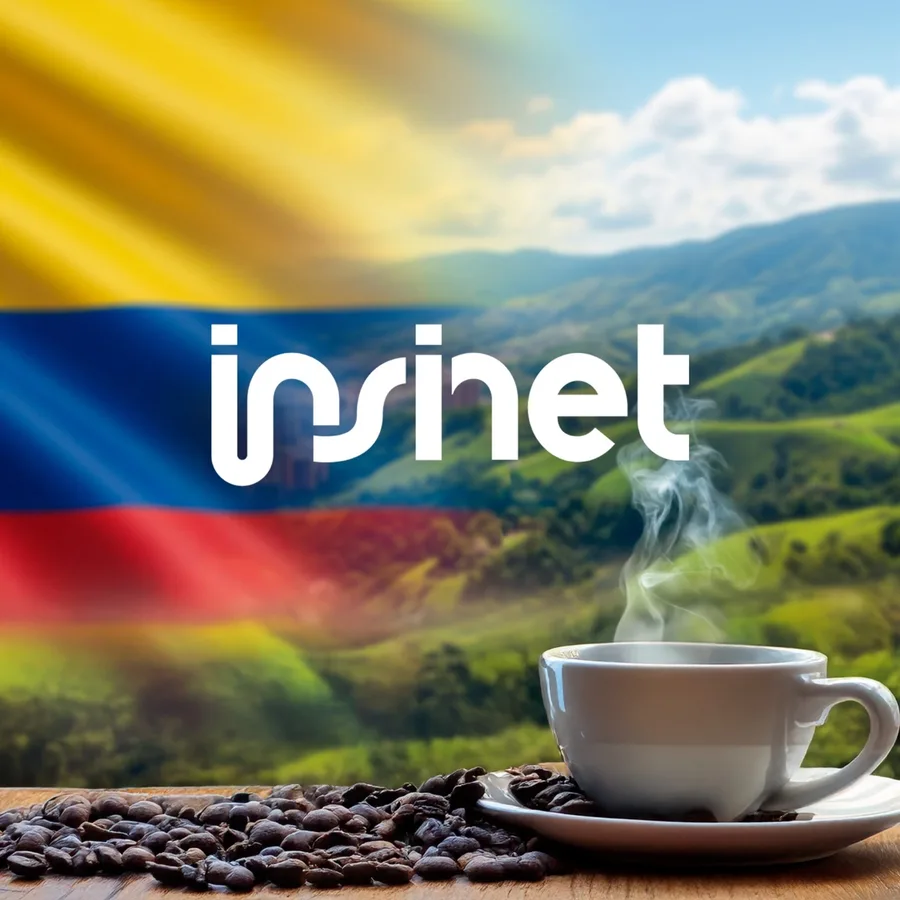 Announcement graphic with the Colombian flag, a fresh cup of coffee, and the Insinet logo, celebrating the new office in Medellín.